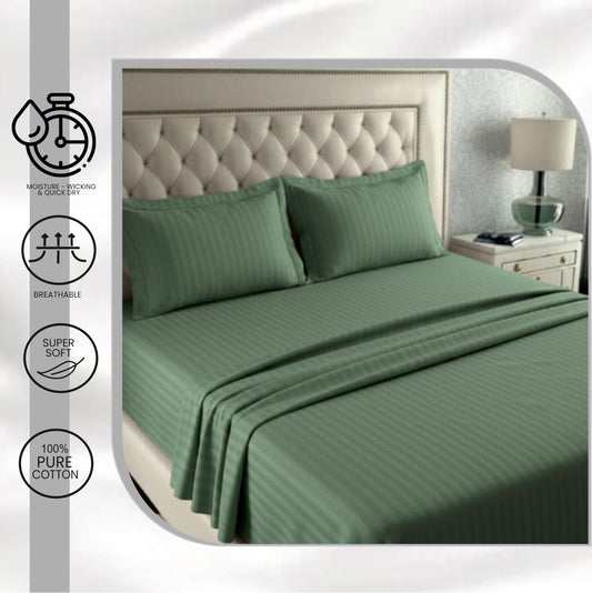 INDIESHADES Cotton King Flat 300 TC Striped Bedsheet Green