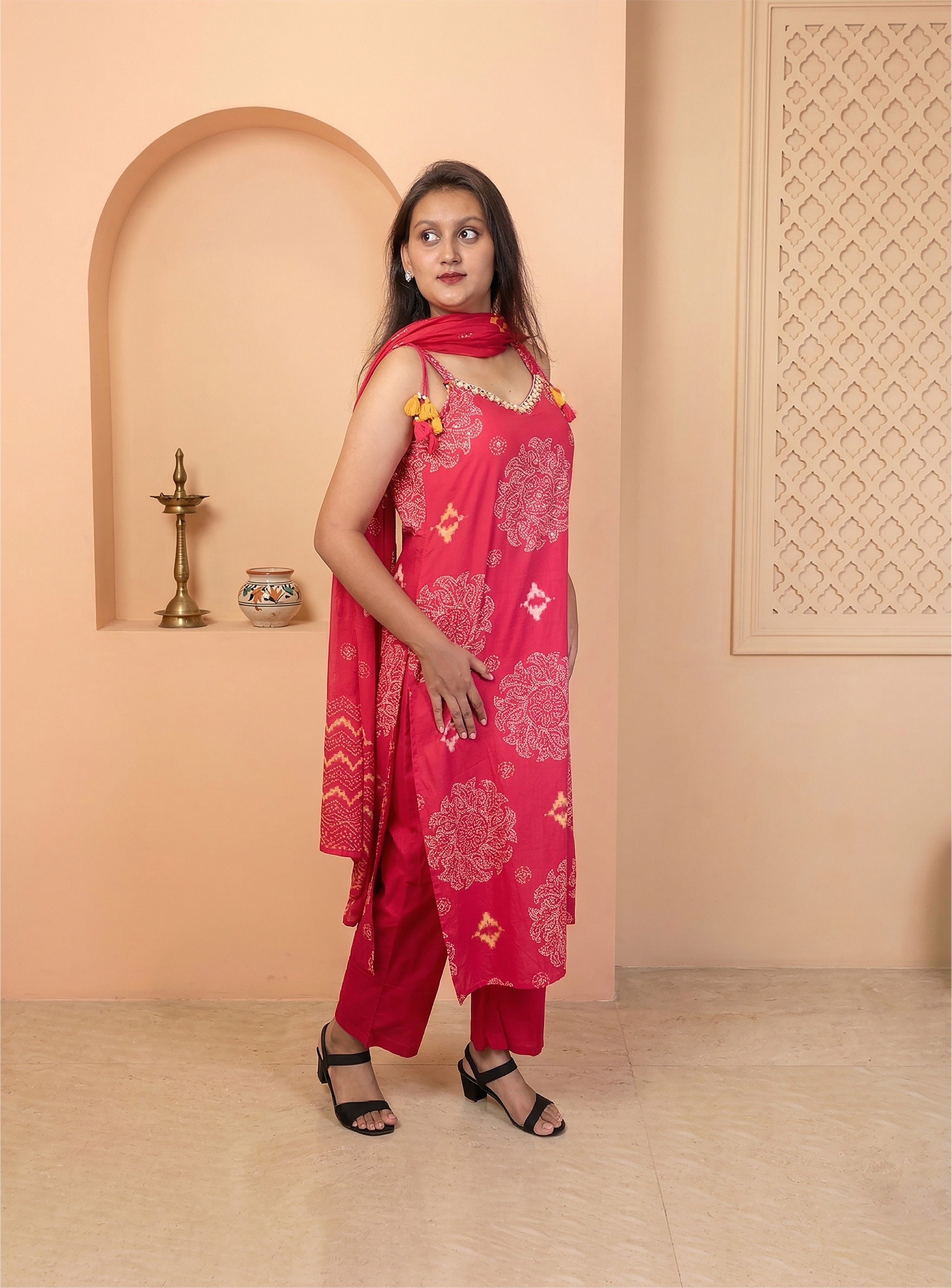 Pink cotton printed straight suit with dupatta