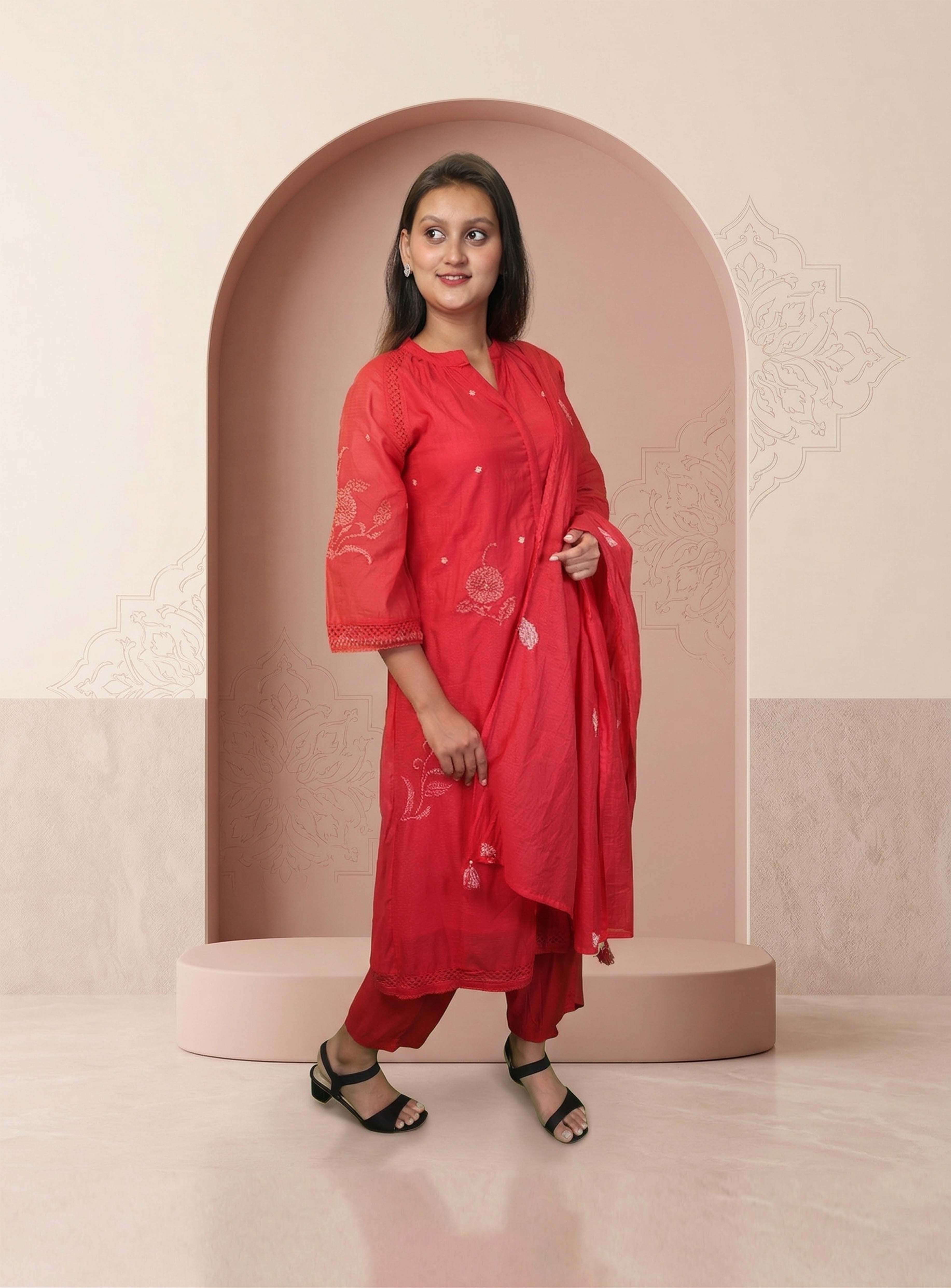 Red cotton silk kota doriya straight suit set with dupatta