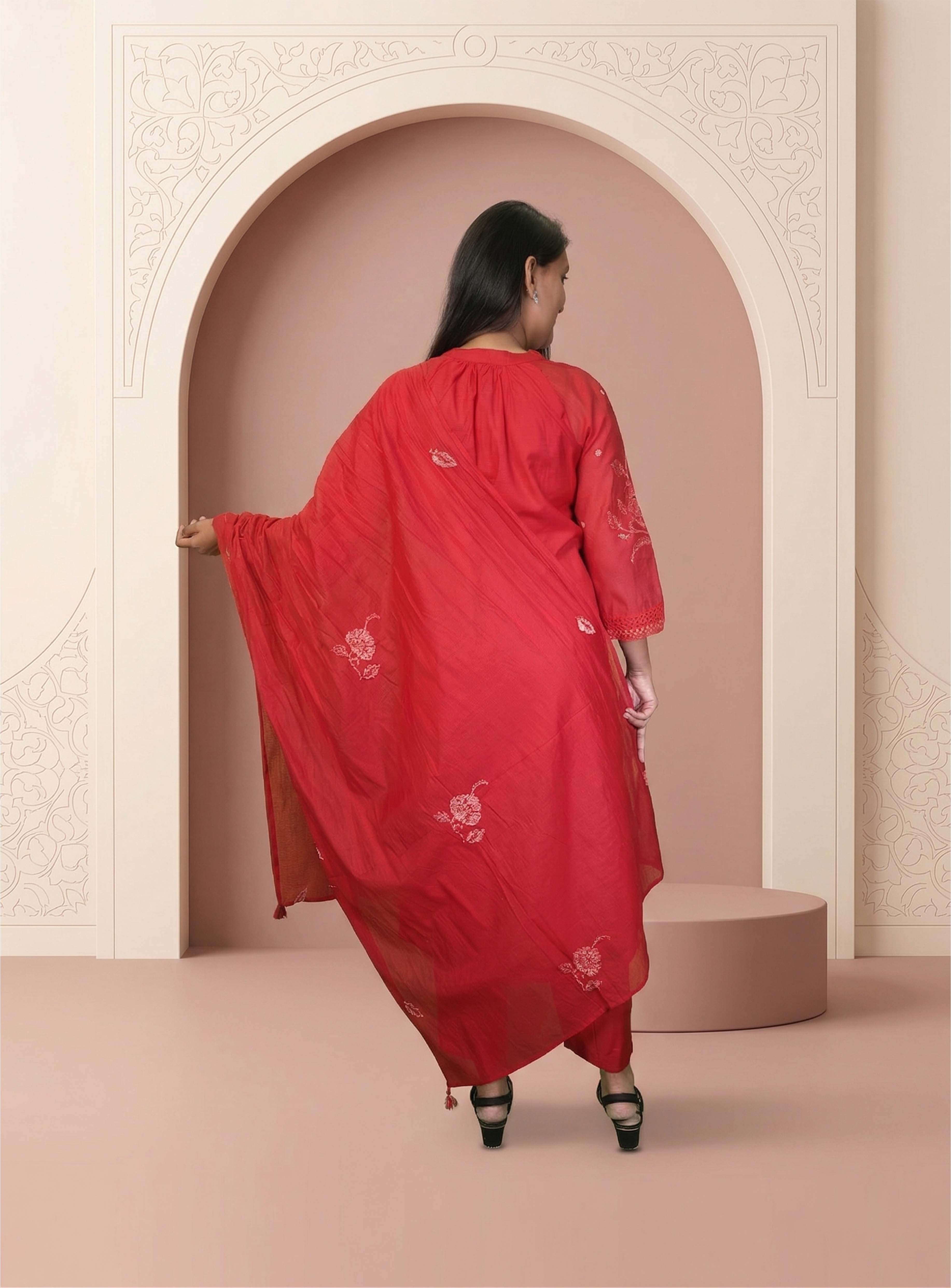 Red cotton silk kota doriya straight suit set with dupatta