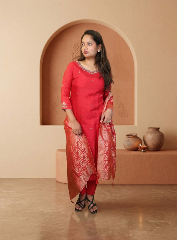 Red dola silk hand work straight suit set with dupatta