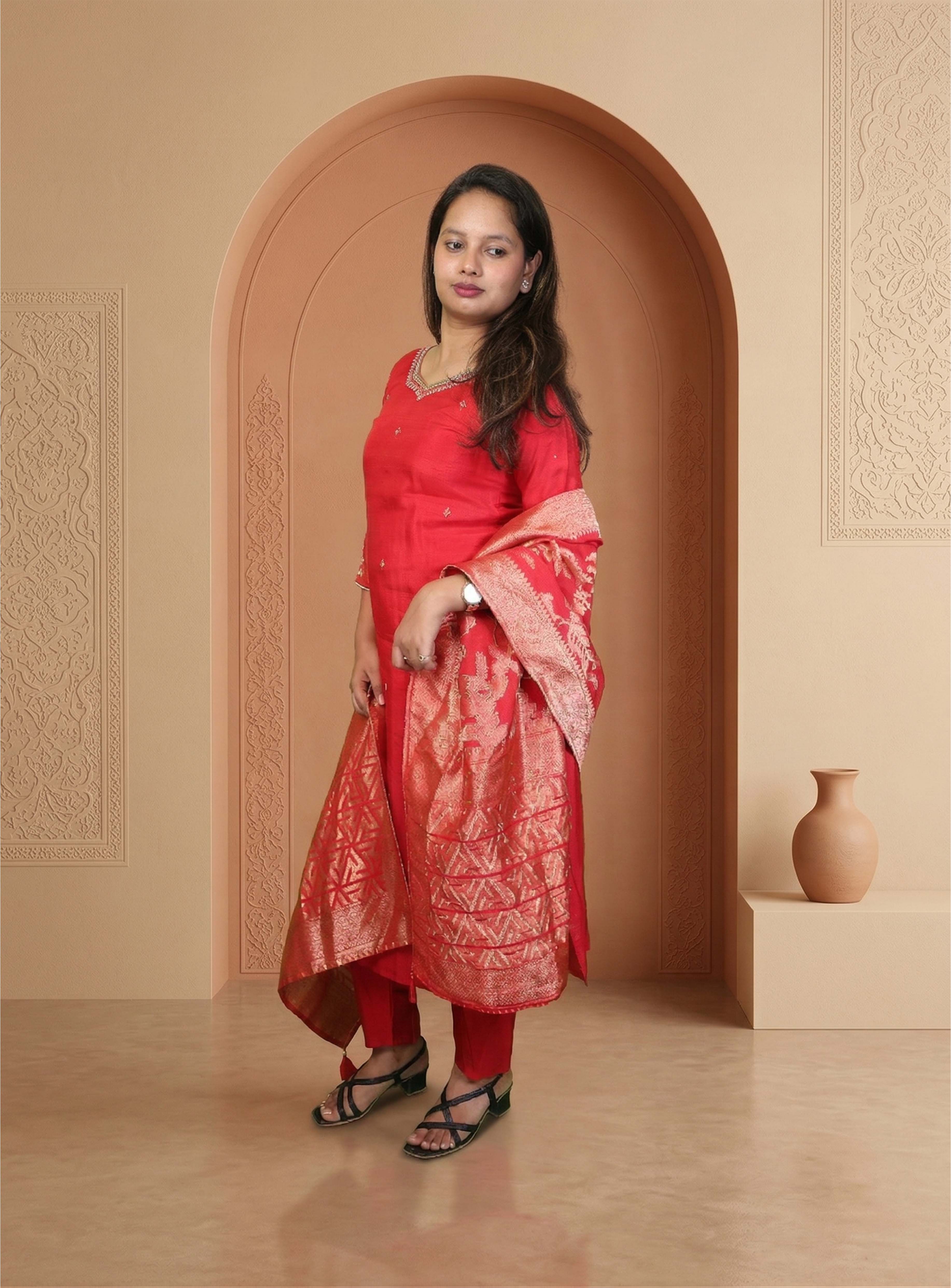 Red dola silk hand work straight suit set with dupatta