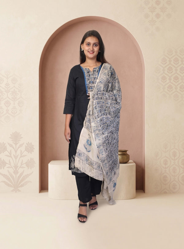 Black salli cotton hand block print straight suit set with block print dupatta