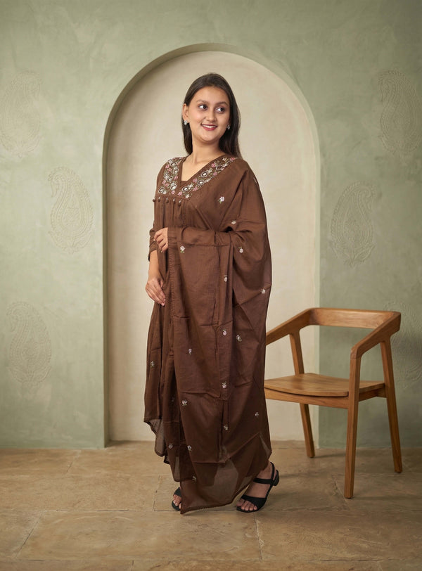 Coffee mull cotton A-line suit set with dupatta