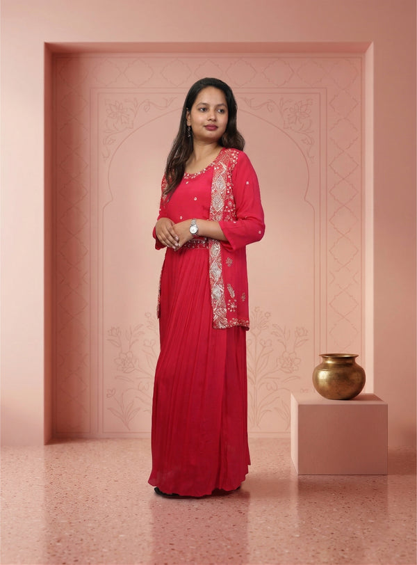 Pink chinon crop-top with jacket, with plazzo pant