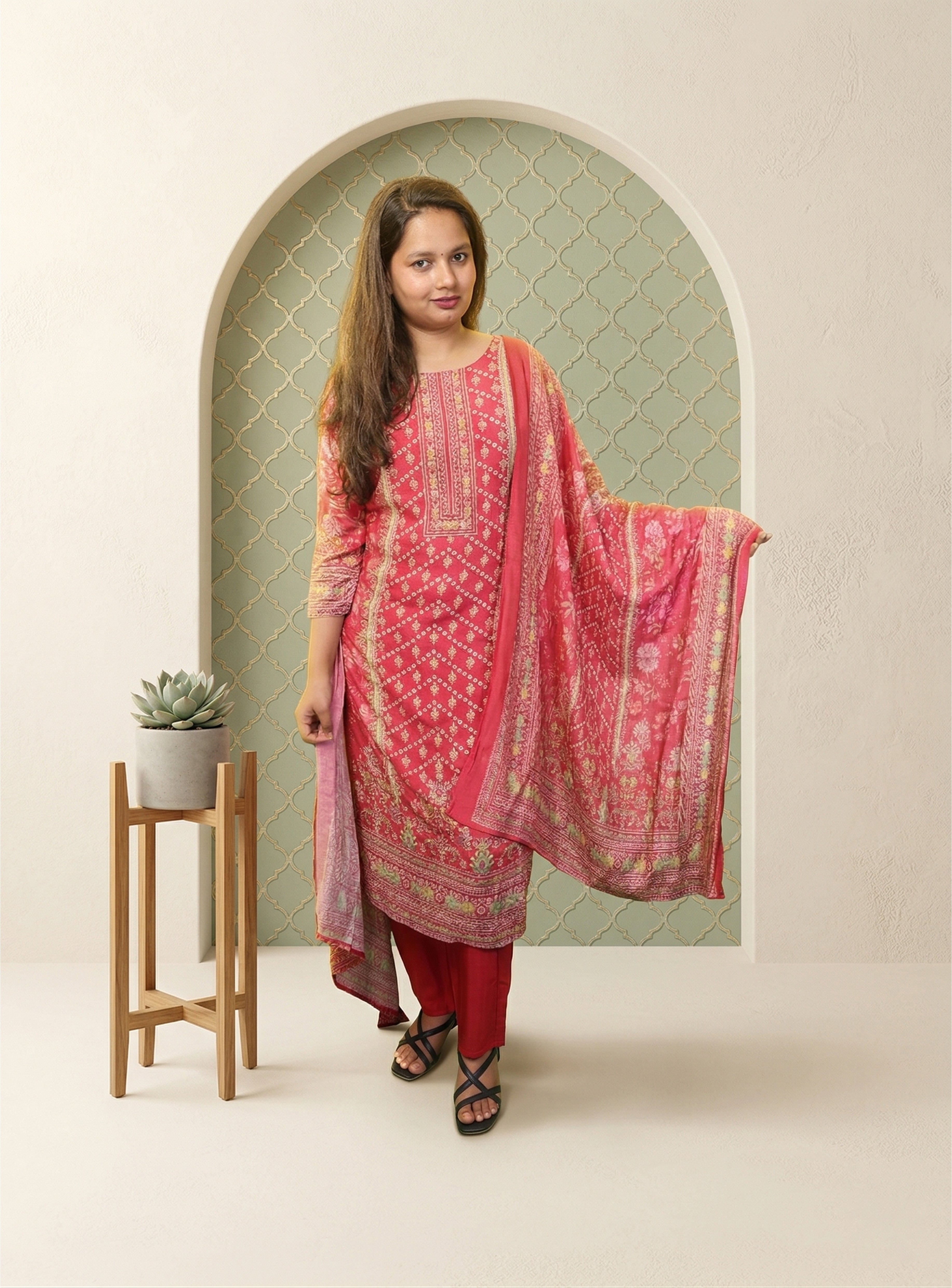 Pink muslin printed straight suit set with dupatta