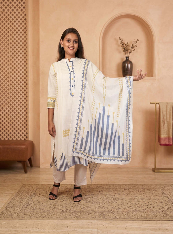 Handloom White cotton Straight Suit Set With Dupatta