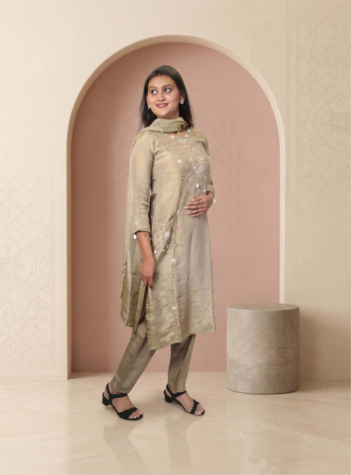 Baige tissue handwork straight suit-set  with dupatta