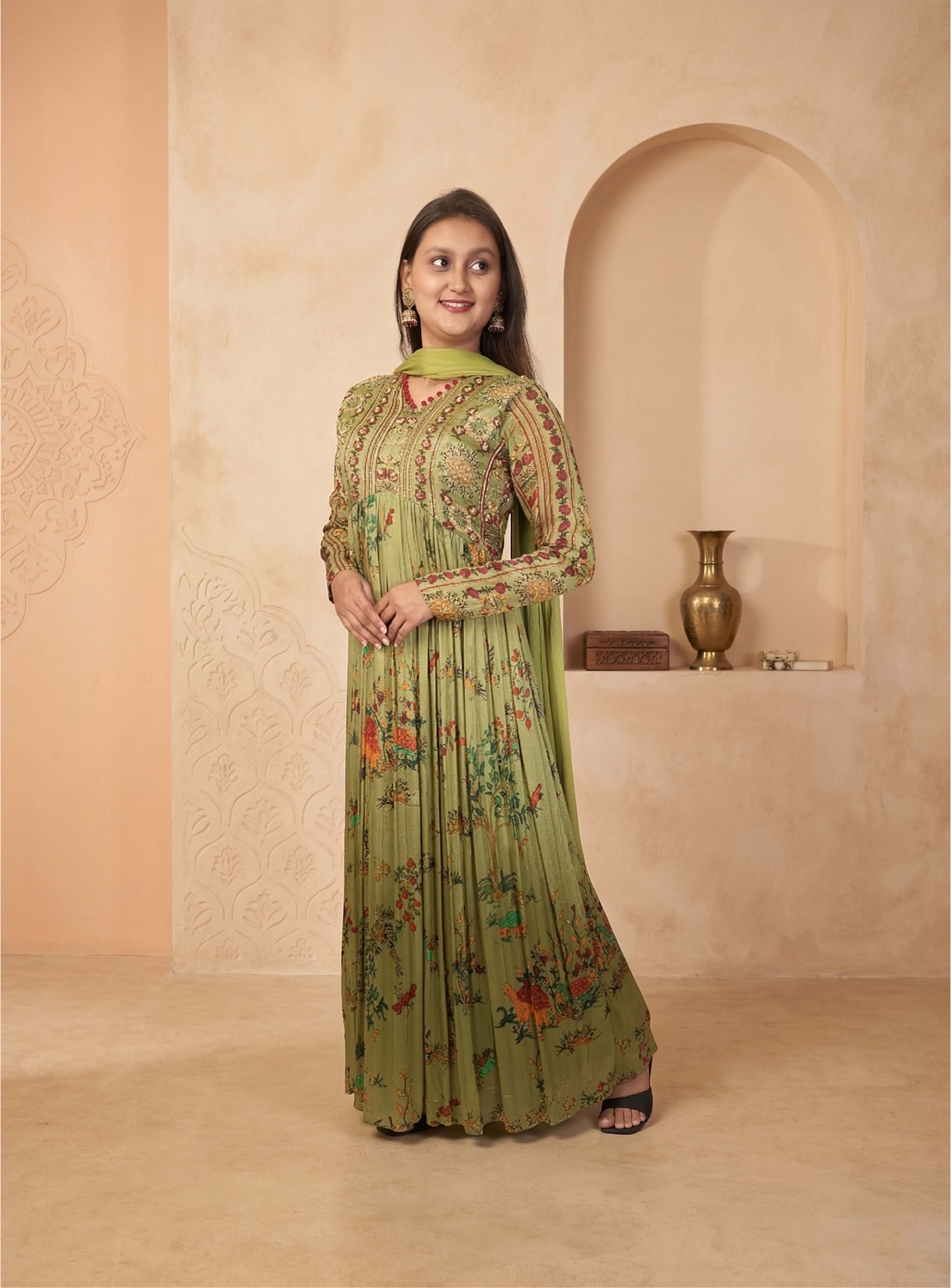 Green chinon hand work anarkali with dupatta