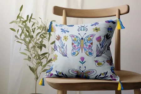 Printed & Embroidered Decorative throw Cushion Cover16*16 inches For Living Room Sofa (Buttrefly Embroidery) cotton