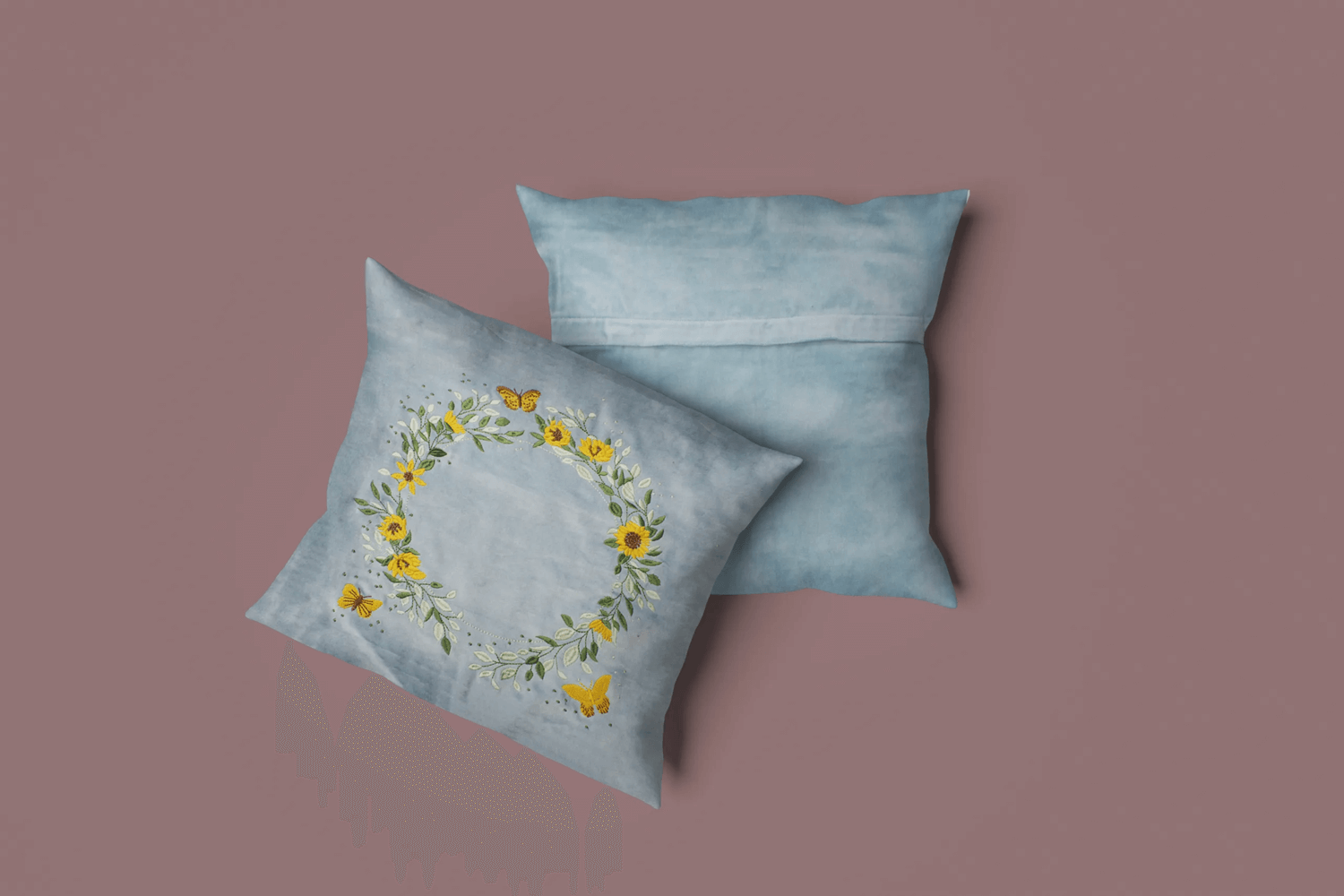 Printed & Embroidered Decorative throw Cushion Cover16*16 inches For Living Room Sofa (Yellow Flower with Butterfly) cotton